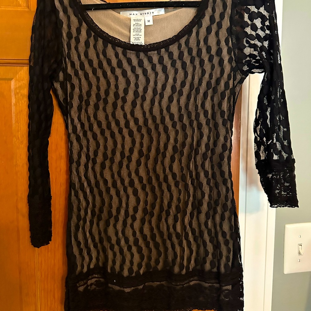 Max Studio Women Black/Beige Contrast Lining Long Sleeve Top M New!